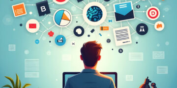 A person sits at a desk with a laptop, surrounded by plants and office items. Above them, colorful digital icons and diagrams float, representing data, documents, charts, and communication, symbolizing multitasking and information management.