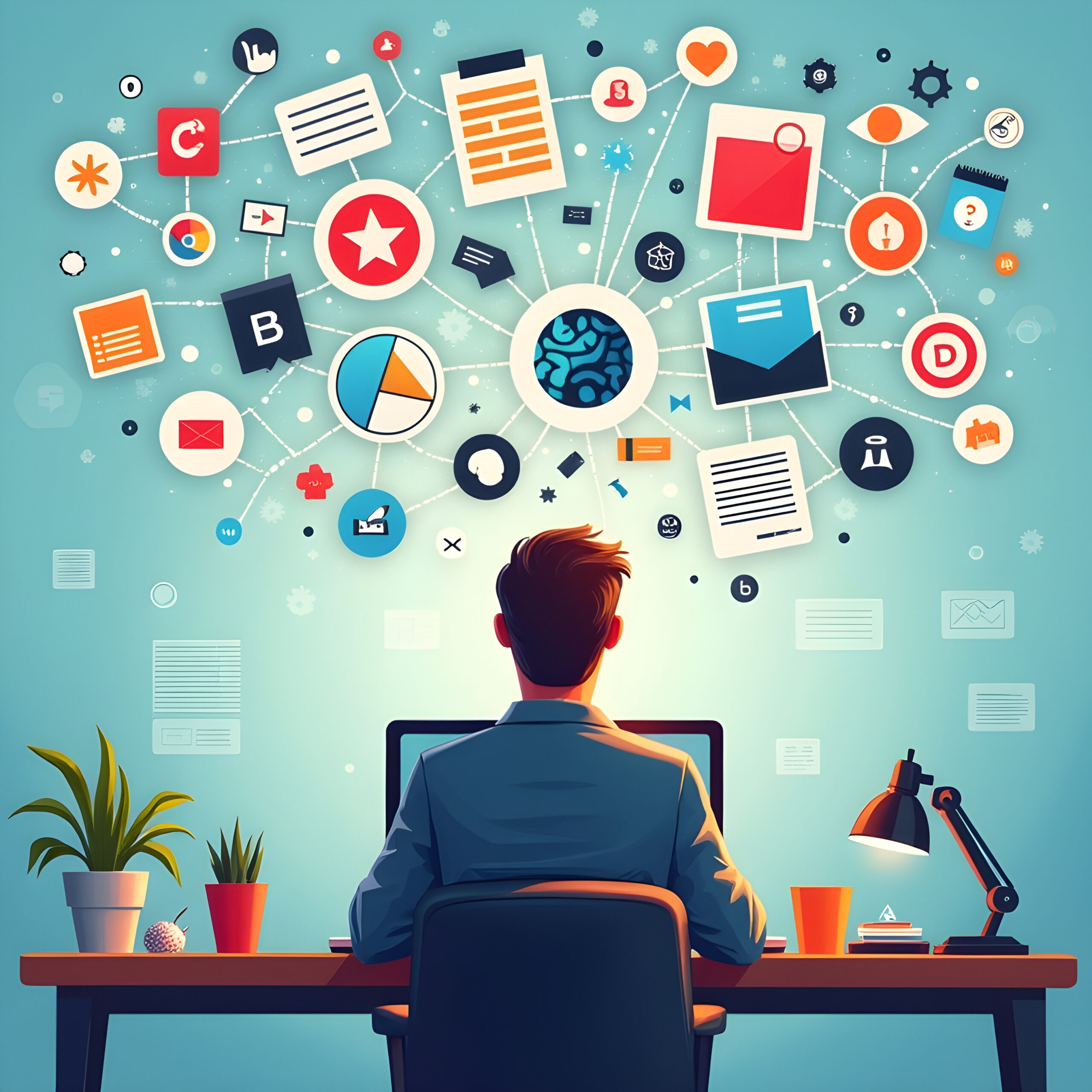 A person sits at a desk with a laptop, surrounded by plants and office items. Above them, colorful digital icons and diagrams float, representing data, documents, charts, and communication, symbolizing multitasking and information management.
