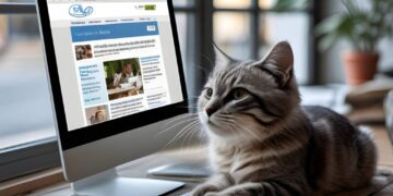 A tabby cat sits in front of a desktop computer on a wooden desk, looking at the screen. The monitor displays a website with interesting finds as sunlight streams in from a window, creating a cozy and focused atmosphere.