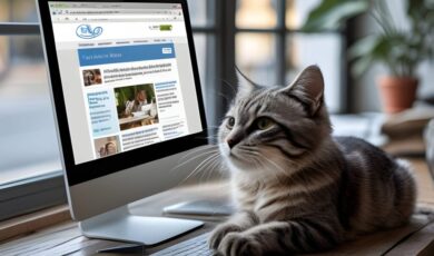 A tabby cat sits in front of a desktop computer on a wooden desk, looking at the screen. The monitor displays a website with interesting finds as sunlight streams in from a window, creating a cozy and focused atmosphere. A tabby cat sits in front of a desktop computer on a wooden desk, looking at the screen. The monitor displays a website with interesting finds as sunlight streams in from a window, creating a cozy and focused atmosphere.