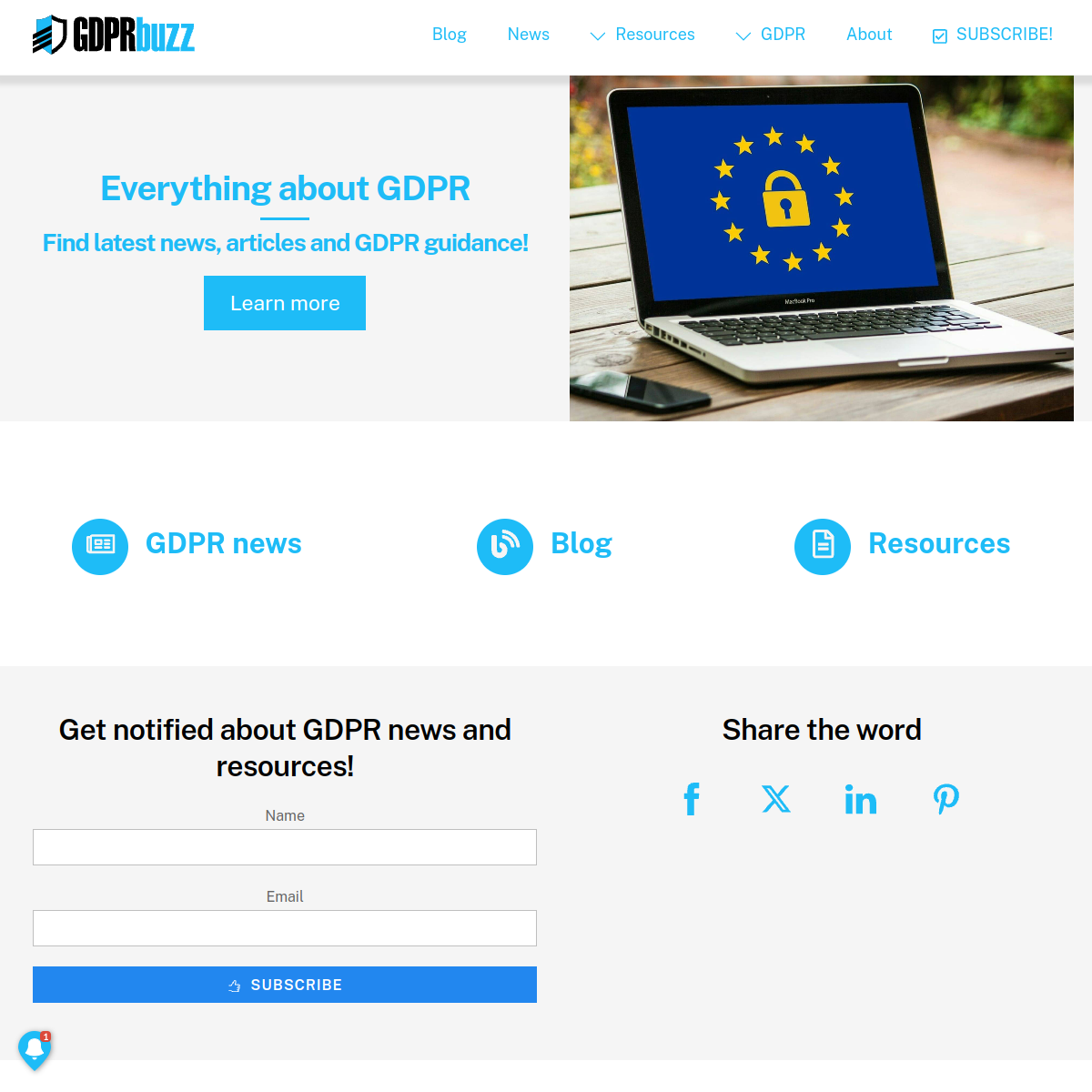 Website homepage with a laptop displaying a GDPR lock symbol on an EU flag background. The text "Everything about GDPR" and "Learn more" button are above sections for GDPR news, blog, and resources. A subscription form and social media icons are at the bottom.