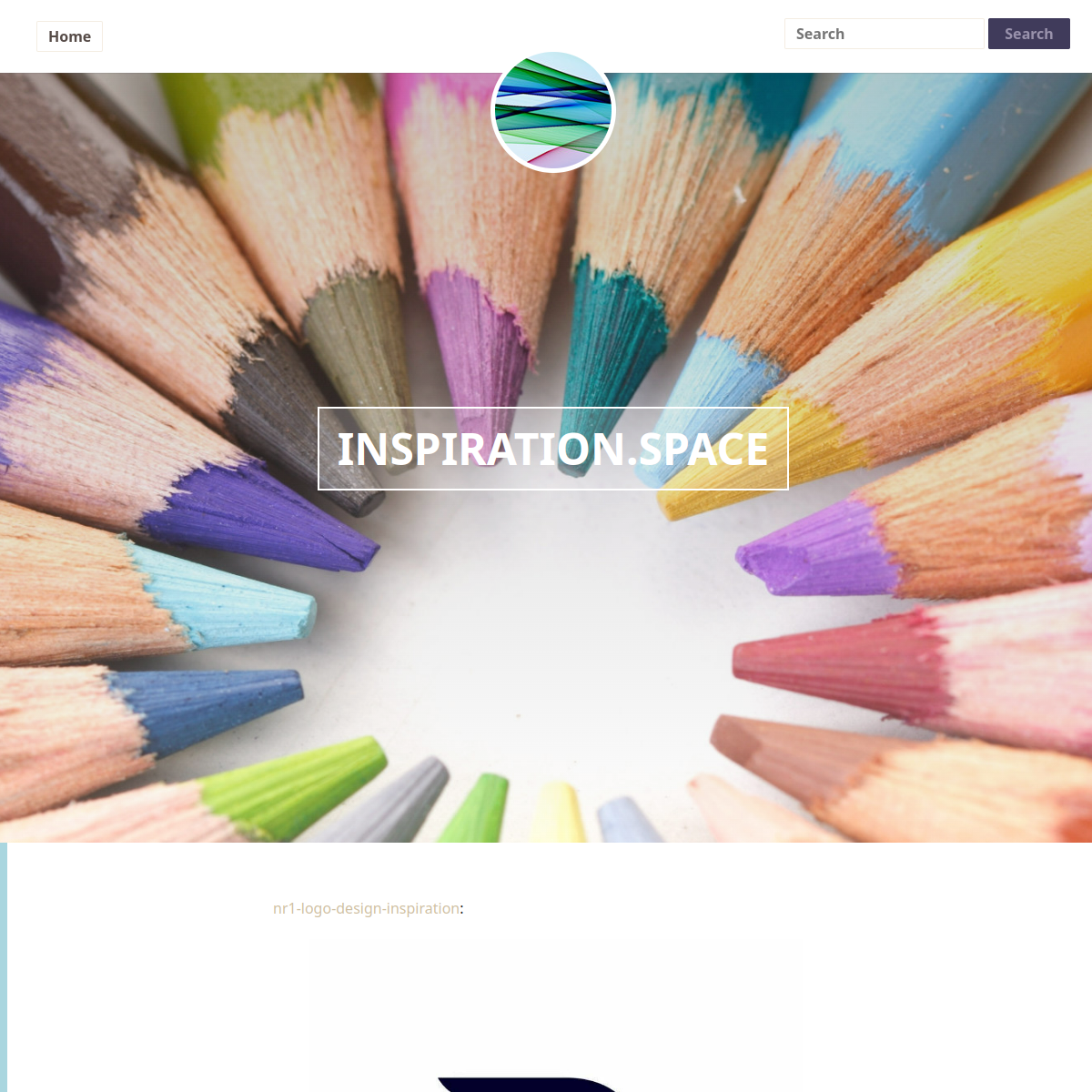 A vibrant arrangement of colored pencils forms a semicircle around a white space with the text "Inspiration.Space" in the center. The page has a minimalistic design, with a search bar and a navigation menu at the top. A circular logo with abstract colors is above the text.