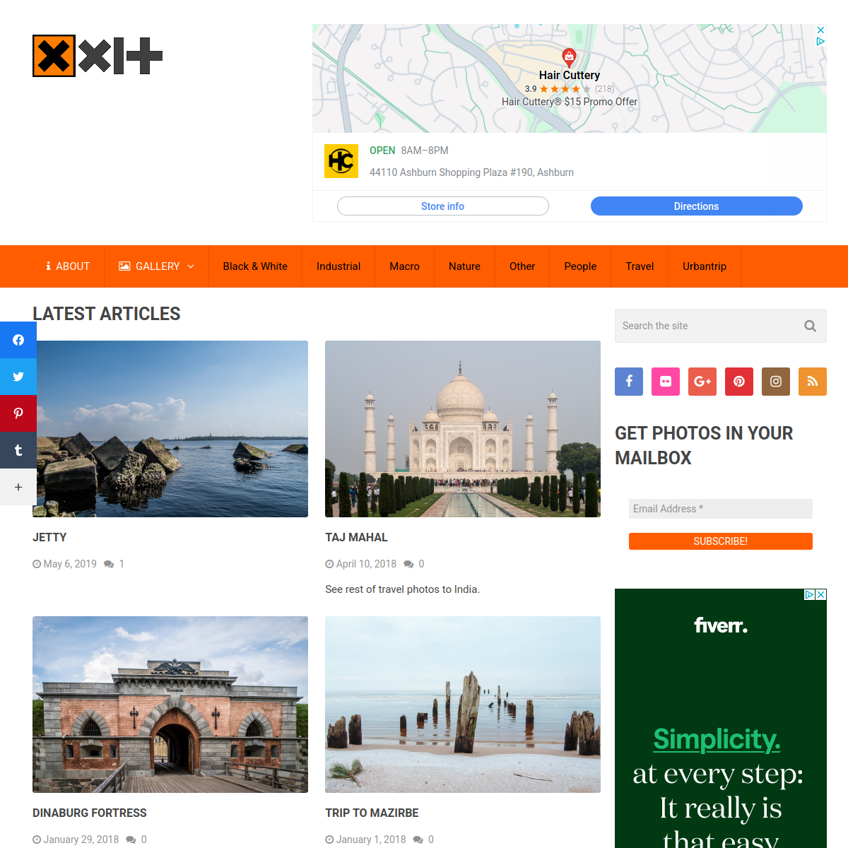 Screenshot of a website's gallery page featuring a navigation menu and contact information at the top. Below are four article previews with images: a jetty, the Taj Mahal, a fort, and a trip to Mazirbe. Social media and additional links are on the right side.